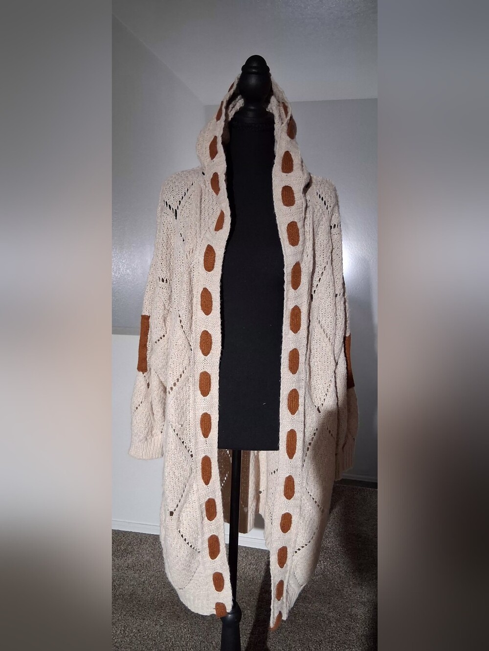 NWOT-Cream Open-Front Hooded Knit Sweater with Brown Ribbon Stitch